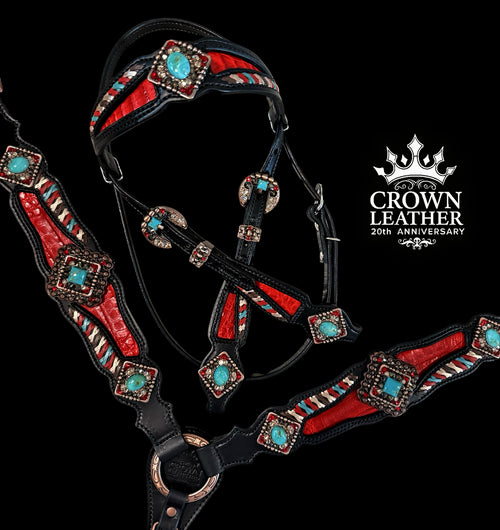 Red Kingman Turquoise Caiman Laced Crystal Tack Set image 0