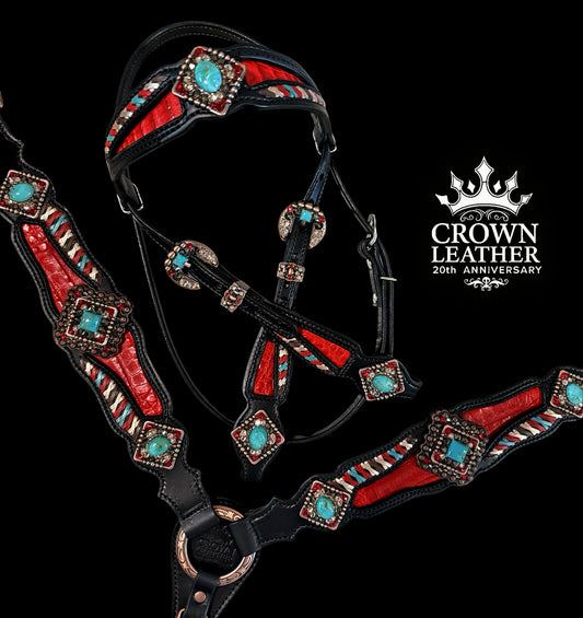 Red Kingman Turquoise Caiman Laced Crystal Tack Set image 0
