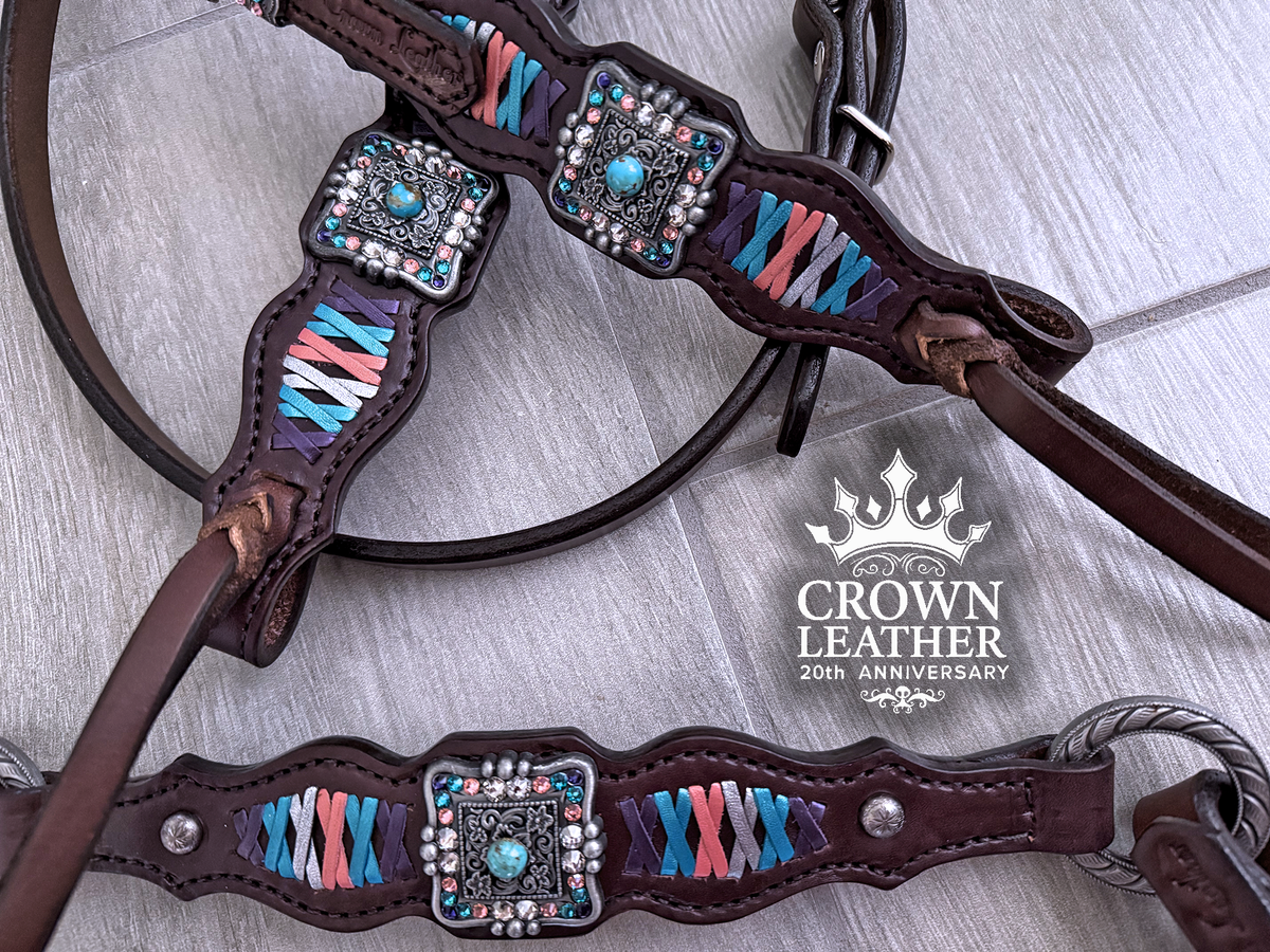 Kingman Turquoise, Coral & Purple Crystal Laced Headstall image 4