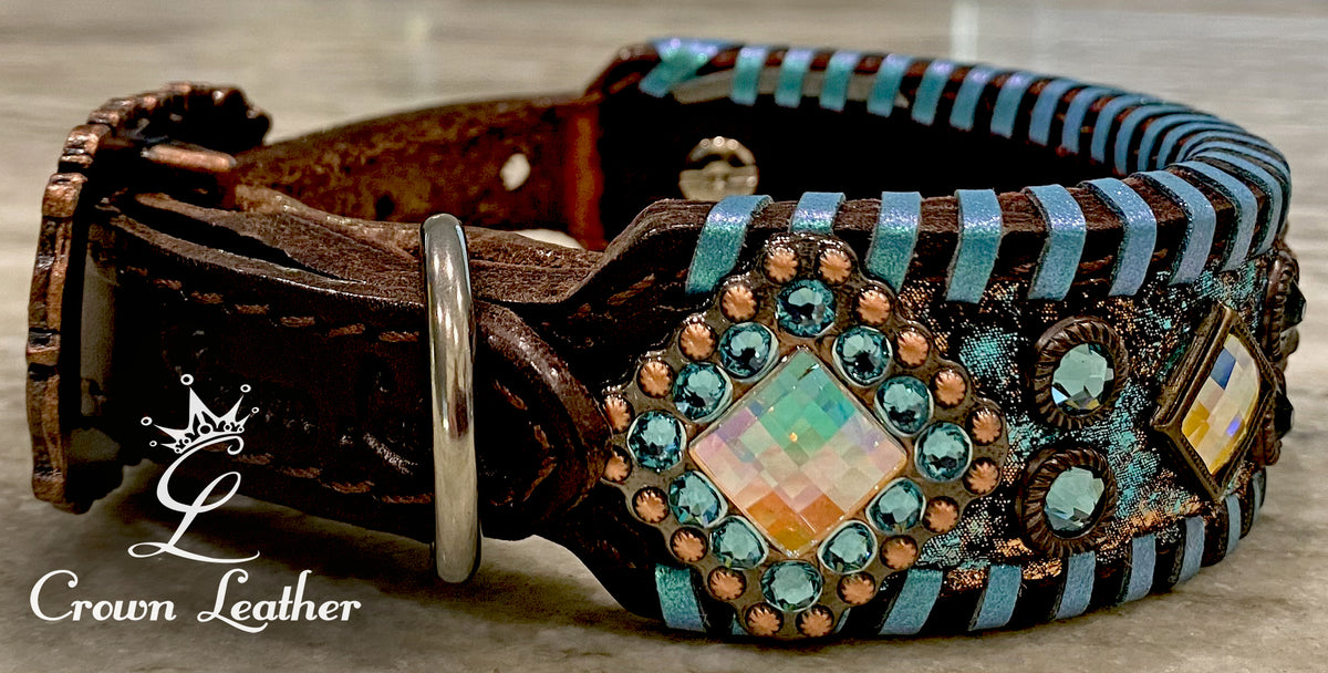 Turquoise Metallic Whipstitch Dog Collar 10"-13" image 1