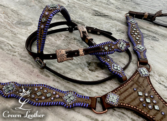 Purple & Blue Metallic Whipstitch Leather Centerplate Set image 3