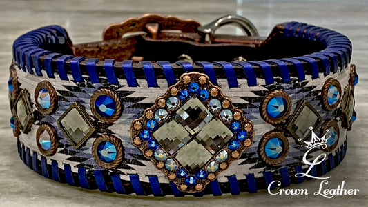 Blue Navajo Metallic Whipstitch Dog Collar 16"-19" image 0