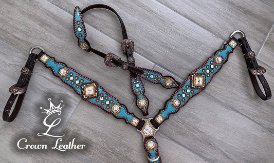 Aqua & Gold Gator w/ Color Shifting Whipstitch & Crystals image 1