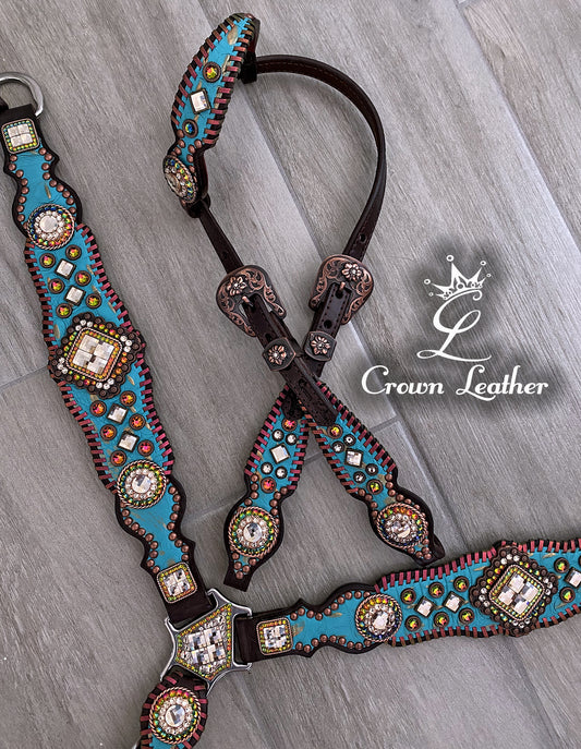 Aqua & Gold Gator w/ Color Shifting Whipstitch & Crystals image 2