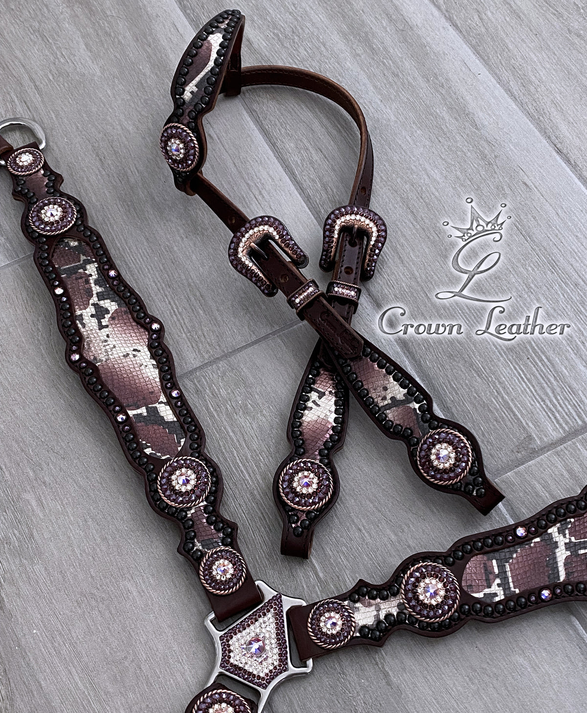 Burgundy & Gold Python Crystal Tack Set image 1