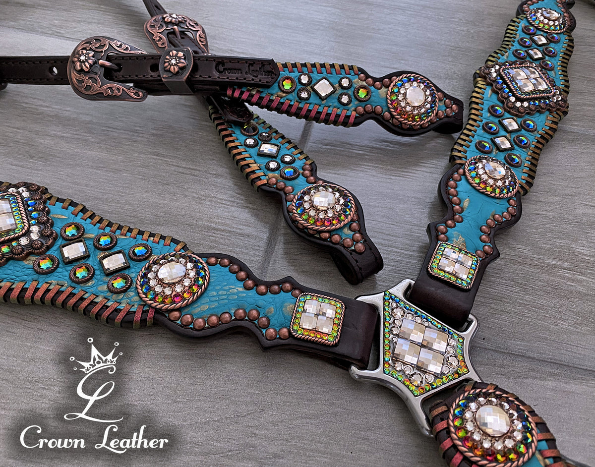 Aqua & Gold Gator w/ Color Shifting Whipstitch & Crystals image 0