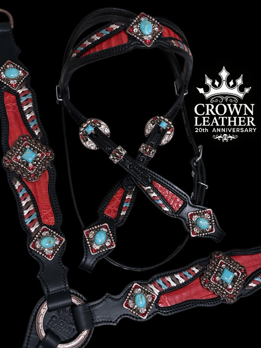 Red Kingman Turquoise Caiman Laced Crystal Tack Set image 1