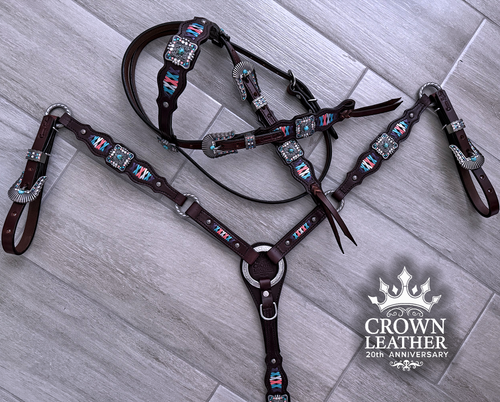 Kingman Turquoise, Coral & Purple Crystal Laced Headstall image 2