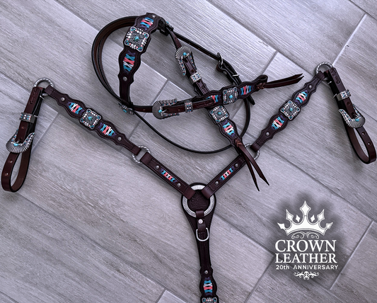 Kingman Turquoise, Coral & Purple Crystal Laced Headstall image 2