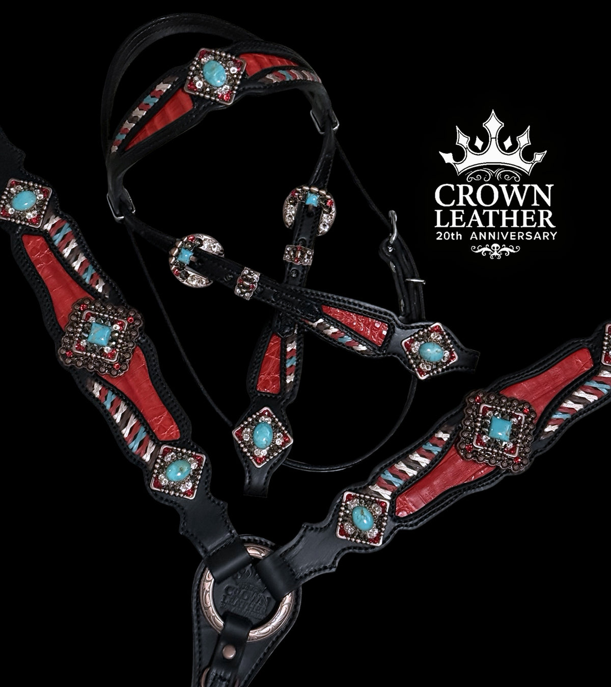Red Kingman Turquoise Caiman Laced Crystal Tack Set image 2