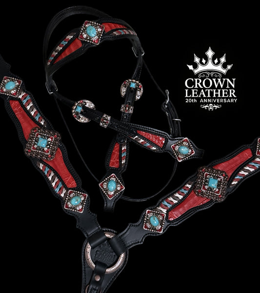 Red Kingman Turquoise Caiman Laced Crystal Tack Set image 2