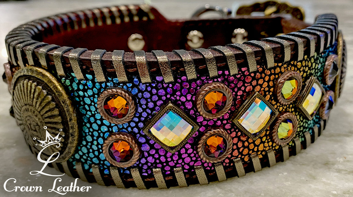 Rainbow Stingray & Bronze Whipstitch Dog Collar 16"-19" image 0