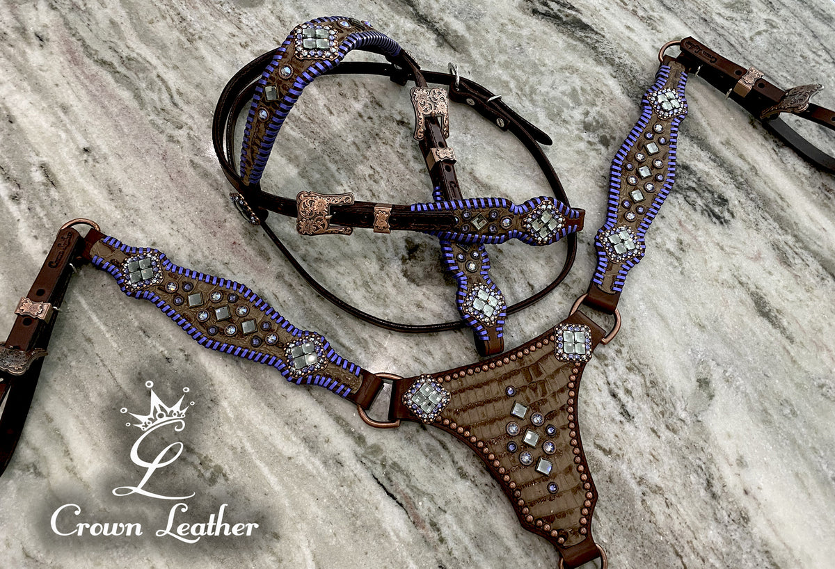 Purple & Blue Metallic Whipstitch Leather Centerplate Set image 0