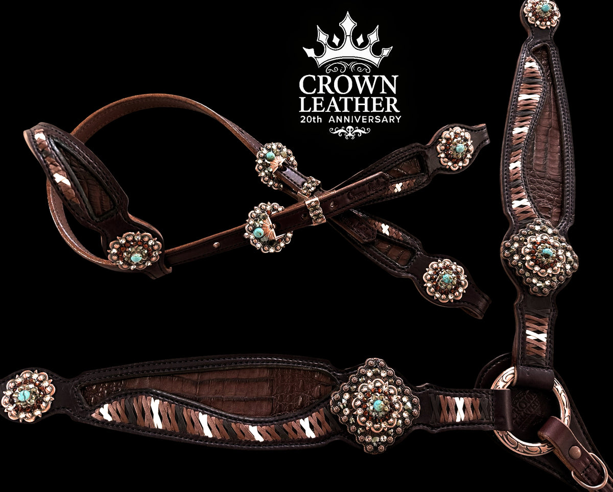Brown Caiman with Lace & Kingman Turquoise Tack Set image 2