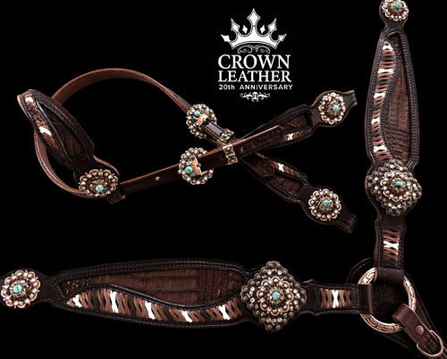 Brown Caiman with Lace & Kingman Turquoise Tack Set image 2