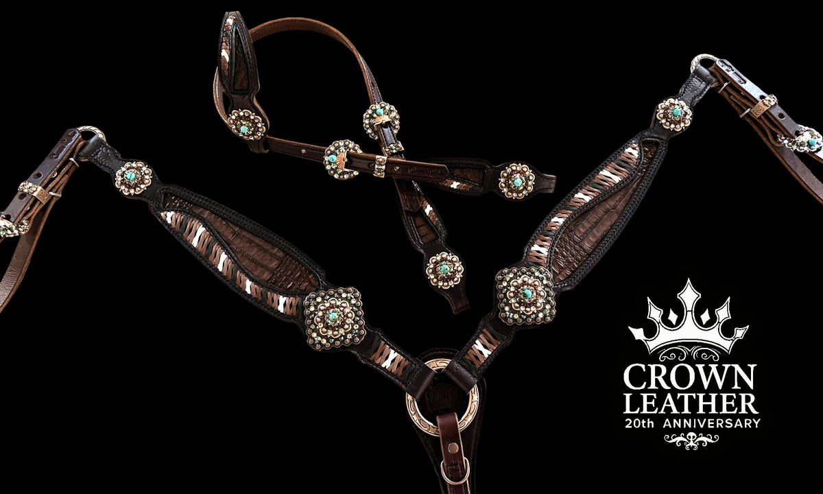 Brown Caiman with Lace & Kingman Turquoise Tack Set image 3
