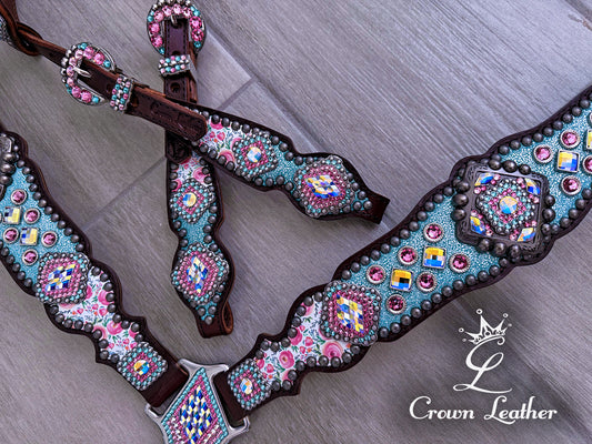 Turquoise Halo & Rose Crystal Tack Set image 0