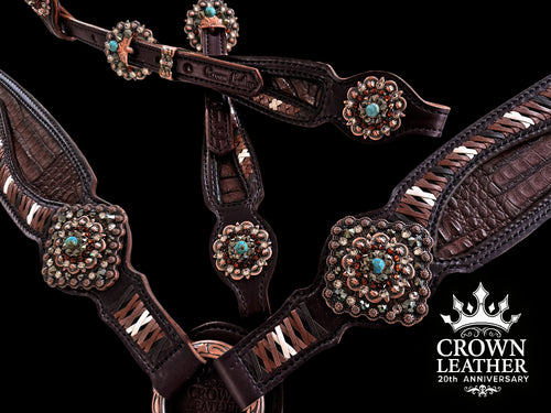 Brown Caiman with Lace & Kingman Turquoise Tack Set image 1