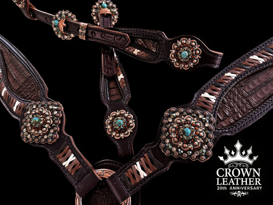 Brown Caiman with Lace & Kingman Turquoise Tack Set image 1