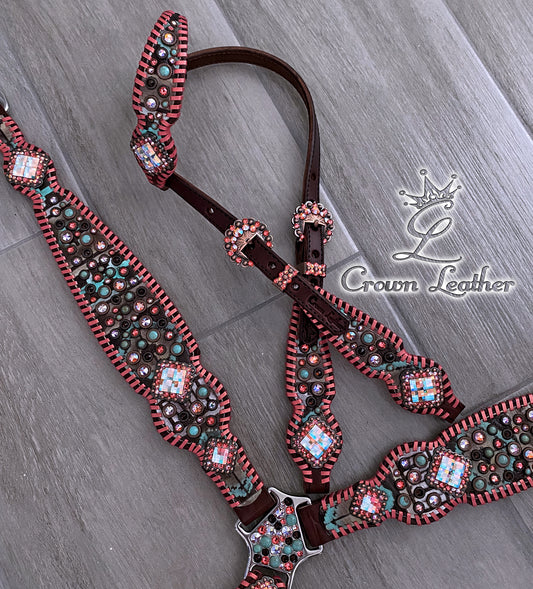 Coral Navajo Confetti Whipstitch Tack Set image 3