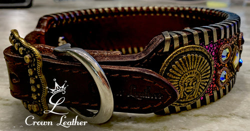 Rainbow Stingray & Bronze Whipstitch Dog Collar 16"-19" image 2